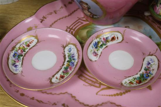 A Sevres style Pompadour pink tete à tete tea service tray 17in.